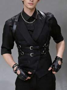 1pc Black Leather Shoulder Strap, Accessory For Live Streaming Performance, Outfit Decoration - Black - View 5