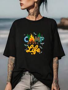 Camping Gear Gift, 180g Summer T-Shirt, For Family Outings, Team Building,  Camping Life T-Shirt, Unisex, Perfect Summer Gift For Him/Her, Women's Blouses - 黑色 - 查看 7