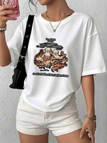 Women's Casual Graphic Print T-Shirt, 220g, Limp Bizkit Album Cover, 100% Cotton, 1 Piece, Bold Style, Oversized Graphic Print T-Shirt, Short Sleeve T-Shirt - 白色 - 查看 7