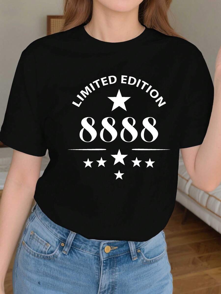 Women's T-Shirt Humorous Years Limited Edition 8888 - Limited Edition Number 8888, Casual Top Made Of Pure Cotton With A Slim Fit, Featuring The Number 888 Symbol, Machine Washable, Suitable For Chinese New Year, Birthdays And Special Occasions. - 黑色 - 查看 1