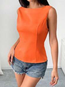 Camisa ajustada sin mangas de unicolor con lazo en la espalda, sexy y elegante para uso casual, adecuada para citas, vacaciones, oficina/negocios, primavera/verano - Naranja Quemada - Ver 3