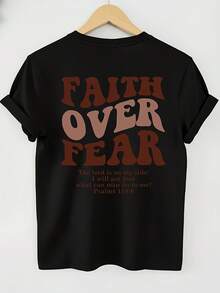 Short-Sleeved T-Shirt With Round Neck And Inspirational Print In English: "Faith Over Fear" - Black 1 - View 2