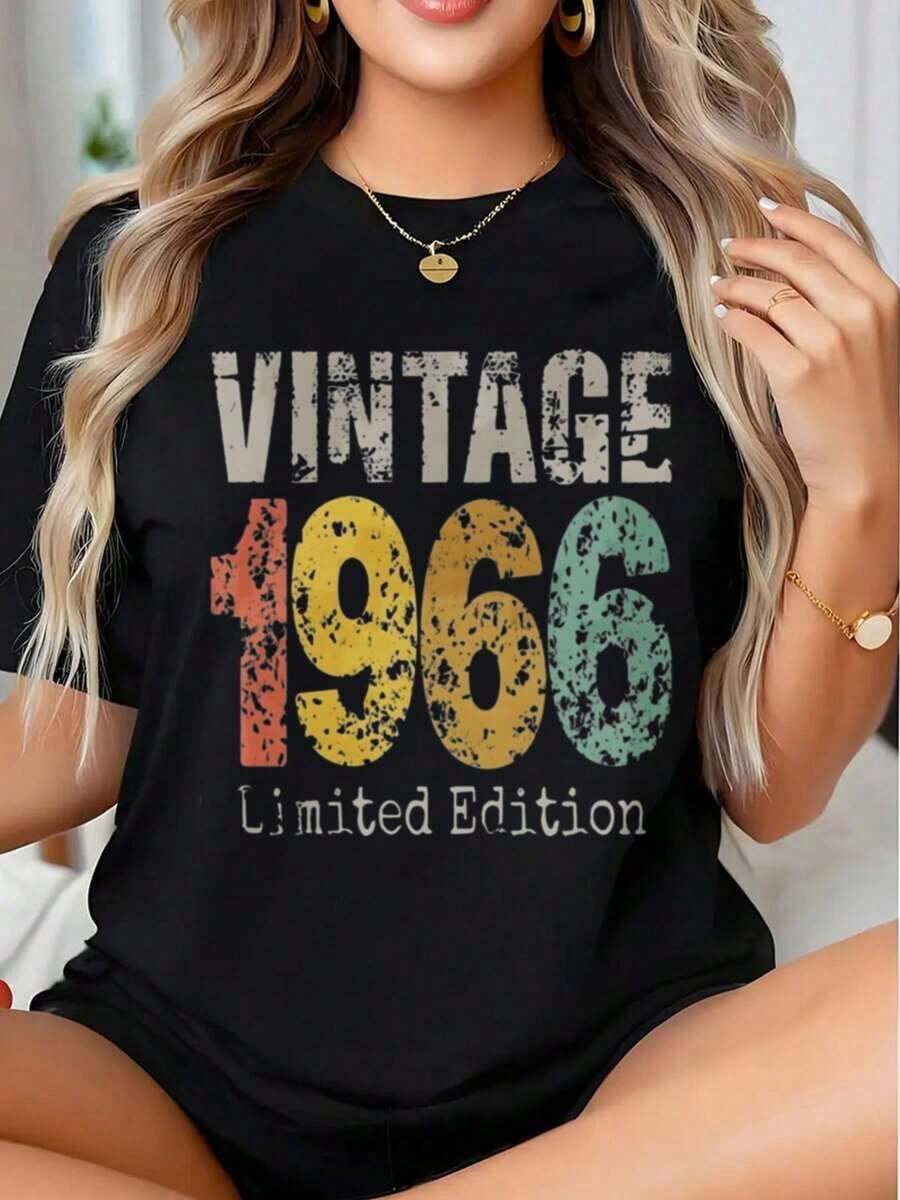 NewSummerCasualVintage 1966 Limited Edition Birthday Gift For Women And Men Classic Retro Style Unisex T-Shirt Casual Wear For Anniversary Celebration - Vintage Urban Style Unisex Cotton Loose Short Sleeve Crew Neck T-Shirt - 黑色 - 查看 1