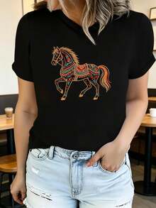 Women's Soft Printed Short Sleeve Summer T-Shirt With Eagle Design, Stylish And Casual, Machine Washable, Comfortable Fit, 2D Flat Print, Elegant Blouses For Women. - 黑色7 - 查看 7