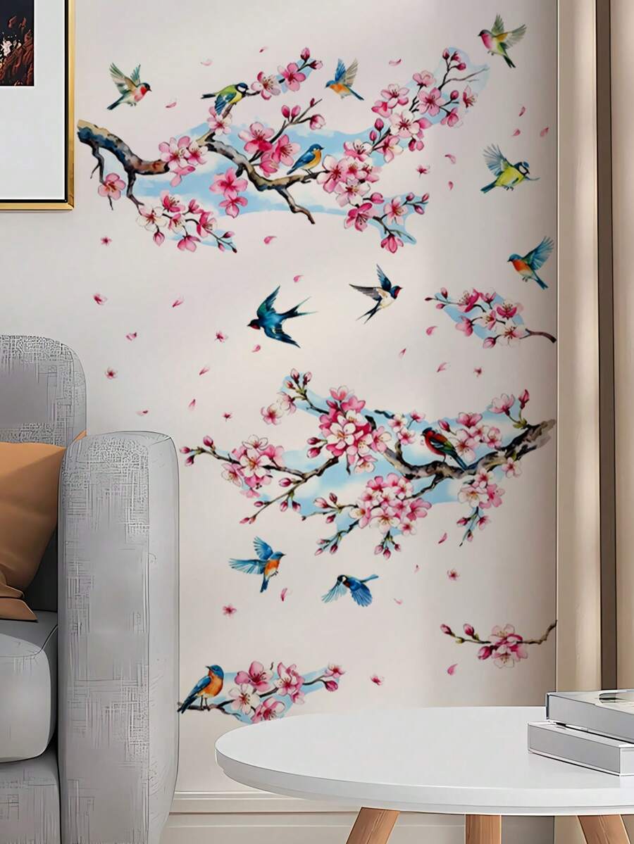 3件套樱花树枝墙贴,粉色花鸟墙贴,适用于卧室、客厅、电视背景墙 - 3pcs - 查看 1