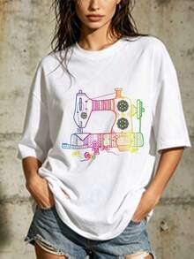 180g T-Shirt With Sewing Machine Design, Suitable For Family Gatherings - A Perfect Gift For Craft Enthusiasts And Birthday Celebrations, Stylish And Comfortable, For Everyday Use - Unisex Loose Cotton T-Shirt With Short Sleeves And Urban Vintage Style Round Neck. - 白色 - 查看 7