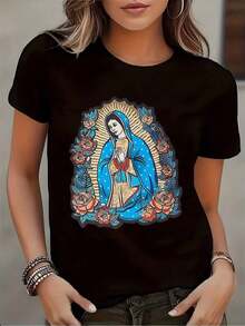 Women's Short-Sleeved T-Shirt With A Round Neck And A Religious Print Of The Virgin Mary, Ideal For Everyday Wear And Religious Occasions. Comfortable Fabric, Suitable For Gifting. - 黑色 - 查看 5