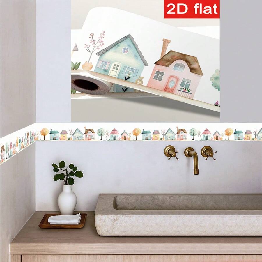 1 Roll 2D Flat High-End Home Decor Essential. Self-Adhesive Design, Perfect For Baseboards/Waistlines. Adorned With Charming Floral Patterns To Enhance Home Aesthetics. Size: 3.94x196.85 Inches, Made Of Durable PVC Material - A - View 1