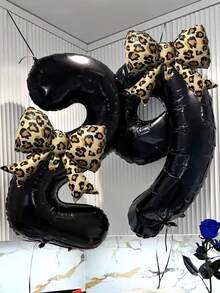 2pcs 40-Inch Black 0-9 Number Foil Balloons, Leopard Print Bow Shaped Balloons, Suitable For Birthday Party, Anniversary Decoration - Black Suit - View 4