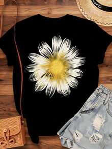 Women's Daisy Flower Print T-Shirt, Casual Summer Short Sleeve Round Neck Graphic Design Top For Daily Wear And Holiday Outfits, 220g - 黑色 - 查看 4