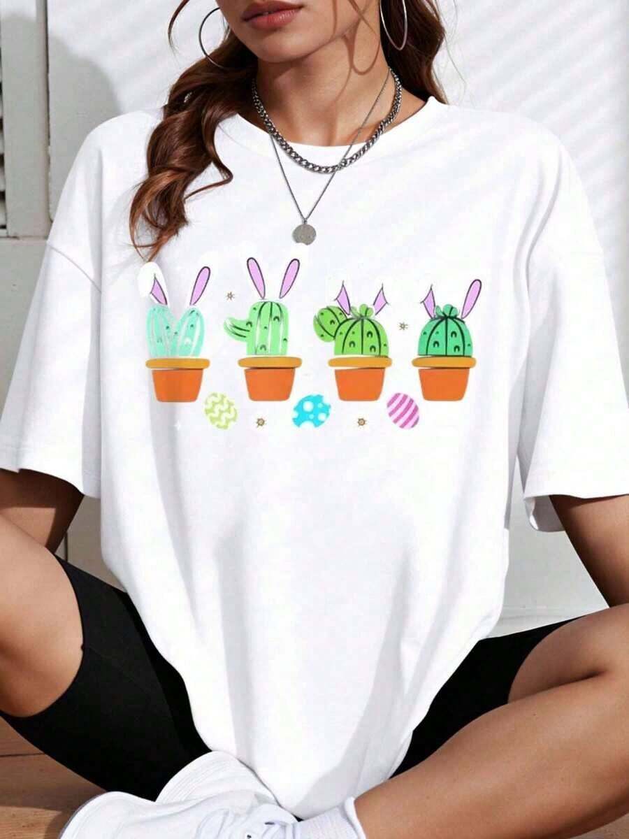 Camiseta de Pascua con Estampado de Conejo Cactus para Mujer, Bonito Diseño de Dibujos Animados, Corte Holgado, Blanca, Top Casual de Primavera Verano, Regalo para Pascua - Blanco - Ver 1