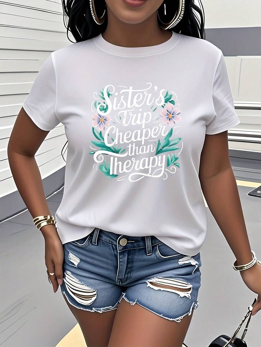 Women's T-Shirt Made Of Pure Cotton, With A Relaxed, Casual Style. Traveling With Sisters Is Cheaper Than Seeking Psychological Counseling. This Printed T-Shirt Features Short Sleeves, A Round Neck, And Is A Modern, Fashionable, And Versatile Piece Of Women's Clothing. It's Essential For Summer Trips And Vacations, And Also Suitable For Casual Everyday Wear At Home. It Makes A Great Gift. - 白色 - 查看 1