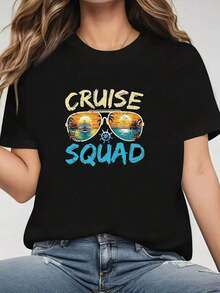 Women's CRUISE SQUAD Print T-Shirt - Short Sleeve, Crew Neck, Casual Letter Print Style, Medium Stretch Fabric, Ideal For Parties, Holidays, Casual Wear - Machine Washable, Essential Item For A Cruise Squad Outfit - 黑色 - 查看 7