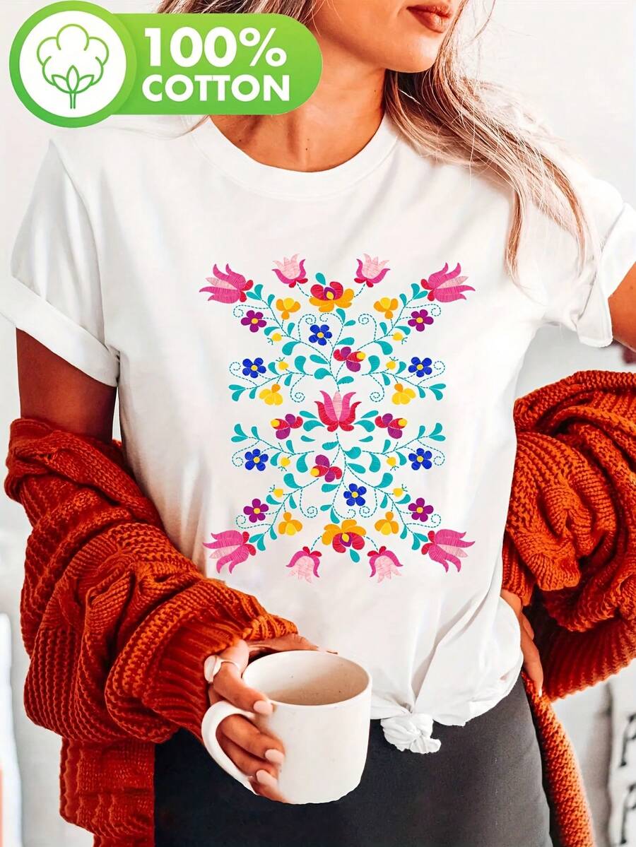 Women's T-Shirt - Mexican Floral Print With Polka Dots, Bohemian Spring Style, Casual Short Sleeve Round Neck Top For Summer And Spring, Women's Clothing, Going Out Tops - 白色 - 查看 1