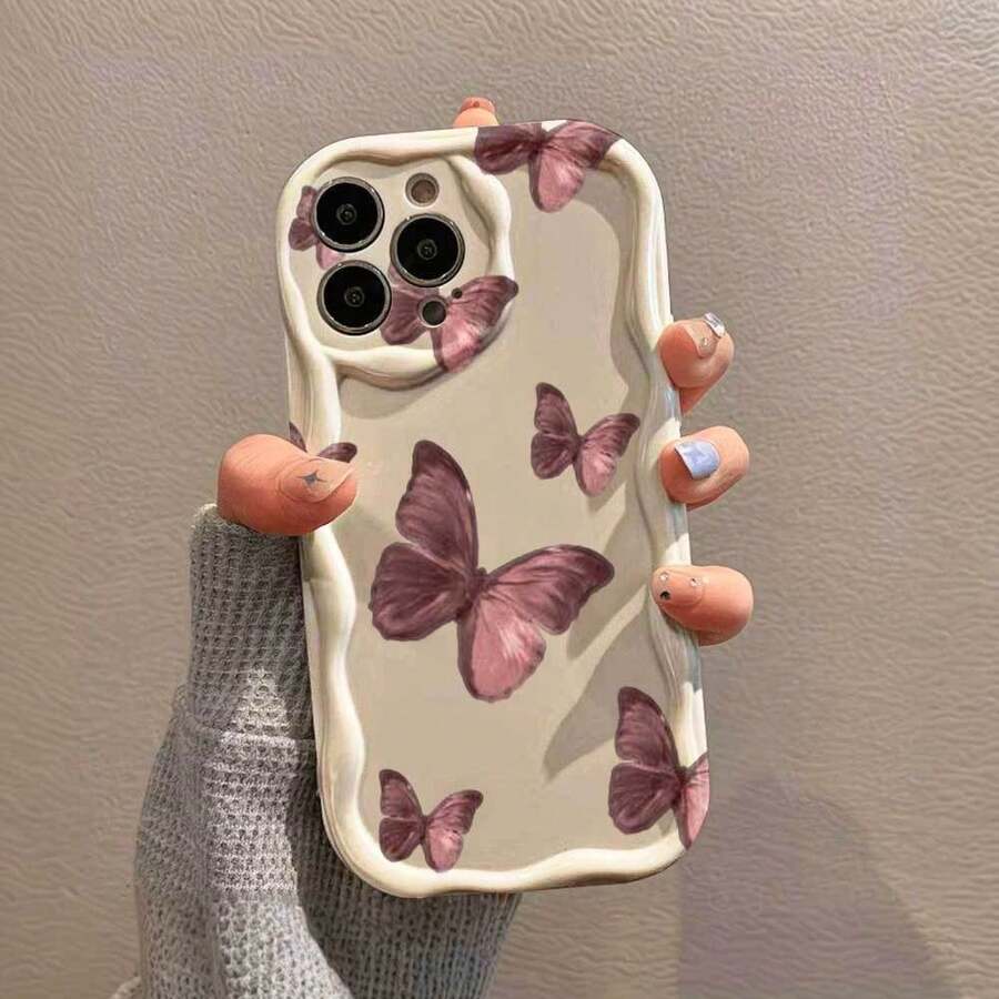 Fanahat-Funda para Teléfono - Una funda para teléfono color crema con un diseño de mariposas, que presenta un diseño ondulado divertido y minimalista para protección contra caídas, compatible con los modelos de  11 al 17, incluyendo las versiones Pro y Plus - Color mixto 1 - Ver 1