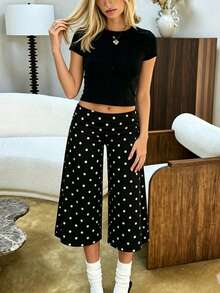 Women Casual Fold Over Loose Fit Capri Pant Leg Cropped Flowy Cotton Gaucho Pants Comfy Casual Yoga Coluttes Pajama Bottom Soft Comfortable Cropped Trouser Lounge Sleepwear Bottoms - 黑與白 - 查看 3
