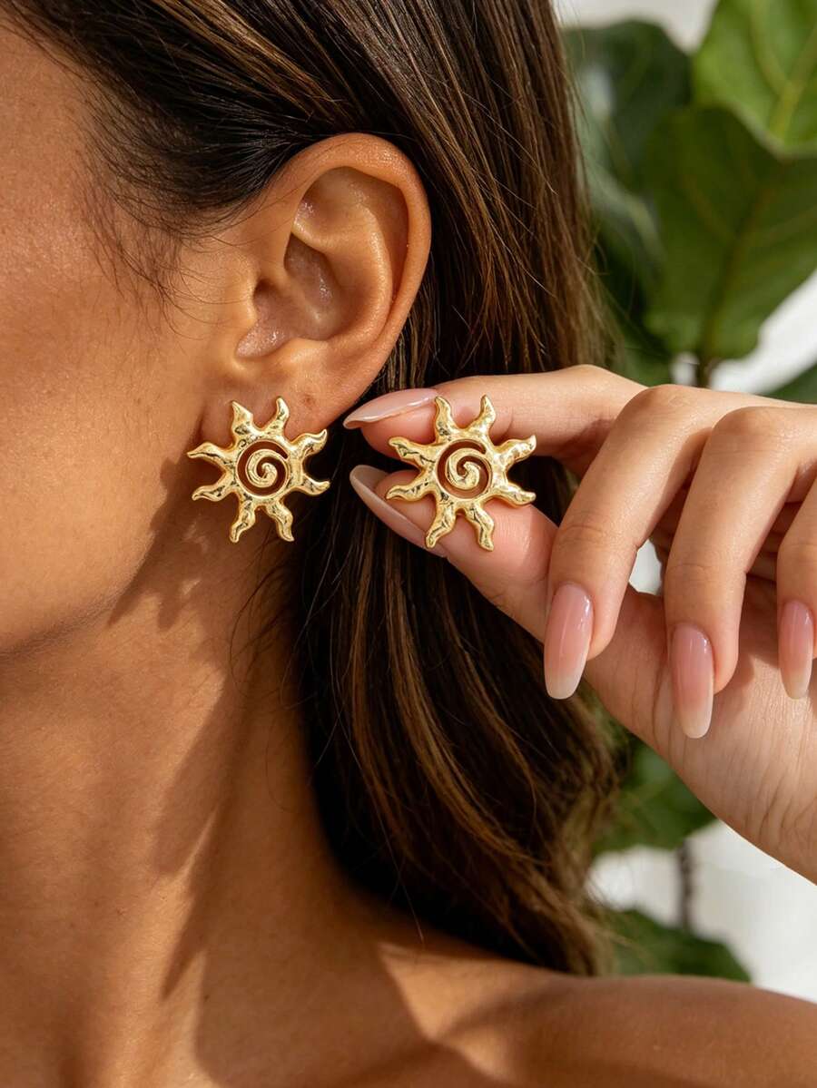 1 Par de Brincos Pendentes Minimalistas Versáteis Estilo Vórtice do Sol e do Oceano em Dourado para Uso Diário - Dourado - Visão 1