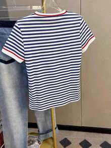 Camiseta de mujer de talla grande con estampado minimalista de corazón negro, perfecta para el Día de San Valentín, el transporte diario, regalos festivos, moda, camisetas elegantes, camisetas hermosas, regalos para hermanos, regalos para hermanas, regalos para madres, regalos del Día de la Madre, tops casuales pero elegantes - azul real 3 - Ver 2