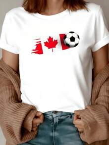 Canadian Flag With Red Maple Leaf Fused With Soccer Ball Symbolizing Sporting Passion And National Pride. Comfortable, Modern Casual Women's T-Shirt - 白色 - 查看 1