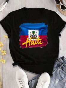 Vintage Short-Sleeved T-Shirt With Haitian Flag Print, 100% Cotton, Breathable, Loose Fit, Casual Style. - 黑色 - 查看 6