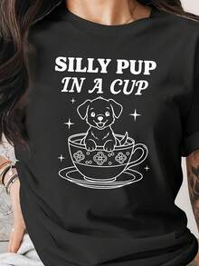 "Silly Pup In A Cup" T-Shirt, Minimalist Dog T-Shirt - Hitam - View 1