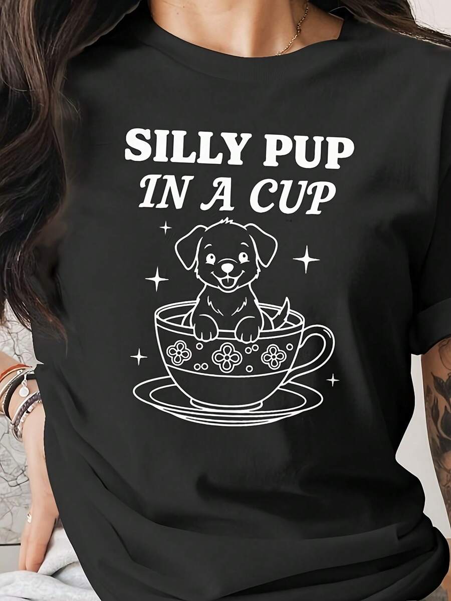 "Silly Pup In A Cup" T-Shirt, Minimalist Dog T-Shirt - Hitam - View 1
