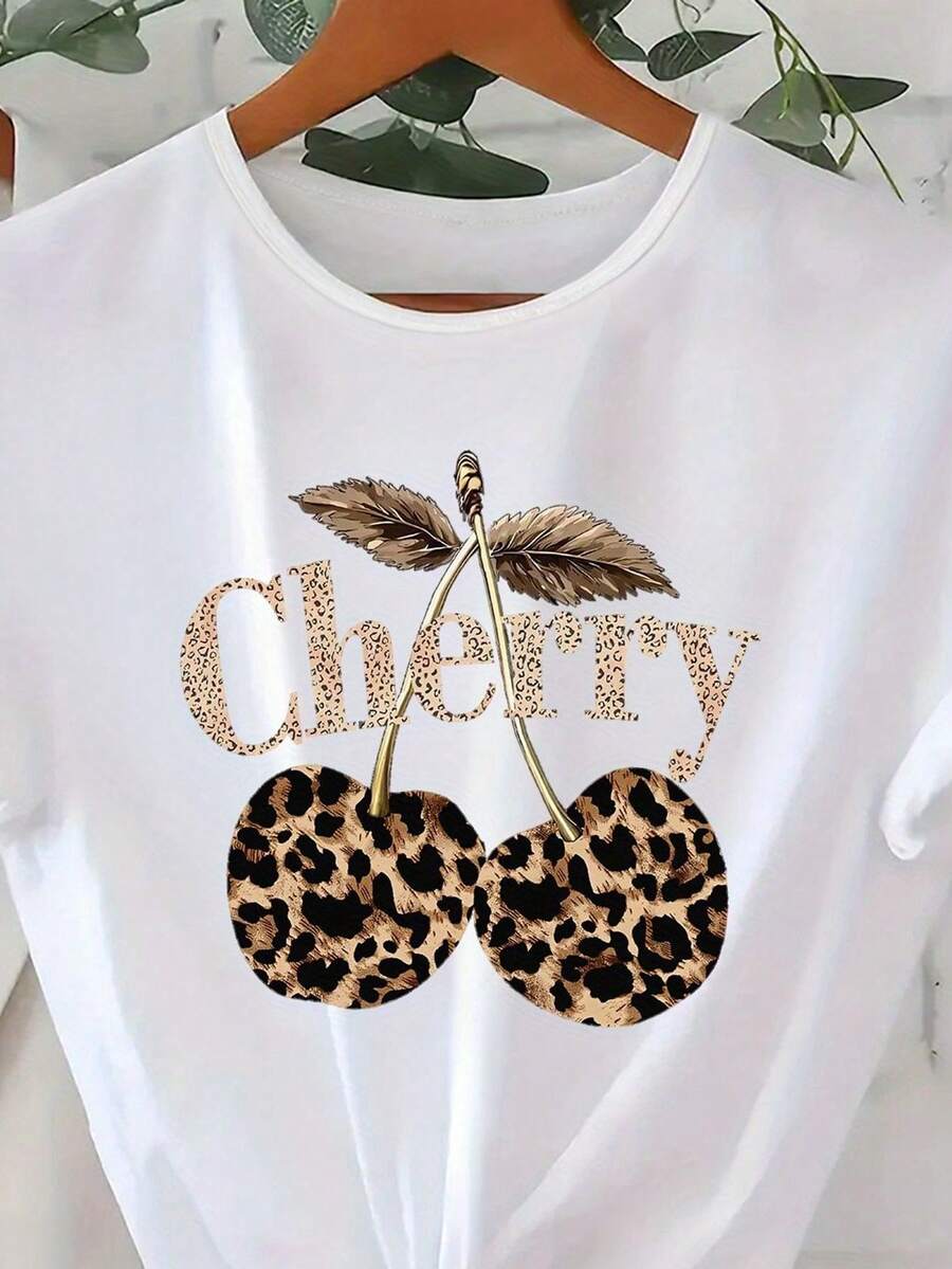 Beautiful Fashion Clothing For Women, Leopard And Cherry Print, Breathable, Soft, Sporty, Elegant, Modern, Casual For Home, Round Neck, Short Sleeve. - 白色 - 查看 1