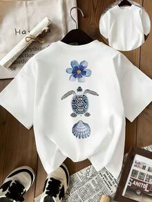 Women's Plus Size Short-Sleeved Summer T-Shirt With A Round Neck, Breathable And Printed. Exquisite Casual Short-Sleeved T-Shirt With A Round Neck - Breathable Summer Top With A Floral And Starfish Print, Machine Washable, White, For Spring And Summer, Beach-Inspired Design, Suitable For All Seasons, Simple, For Christmas Gifts, Everyday Wear, Very Suitable For Cool Summer Days. - 白色 - 查看 8