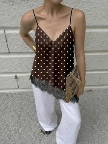 Camiseta elegante y sexy de mujer con estampado de leopardo y encaje en contraste, camiseta de estampado de leopardo elegante, top de fiesta, atuendos de playa y vacaciones para mujeres, top para salir - Marrón - Ver 2