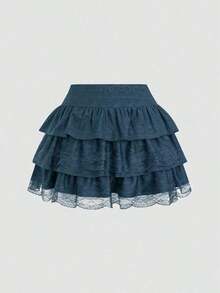Falda con volantes en capas estilo A con tela texturizada negra y encaje en contraste, estilo evasé y estilizador, inspirado en la década 2000 - Azul marino - Ver 2
