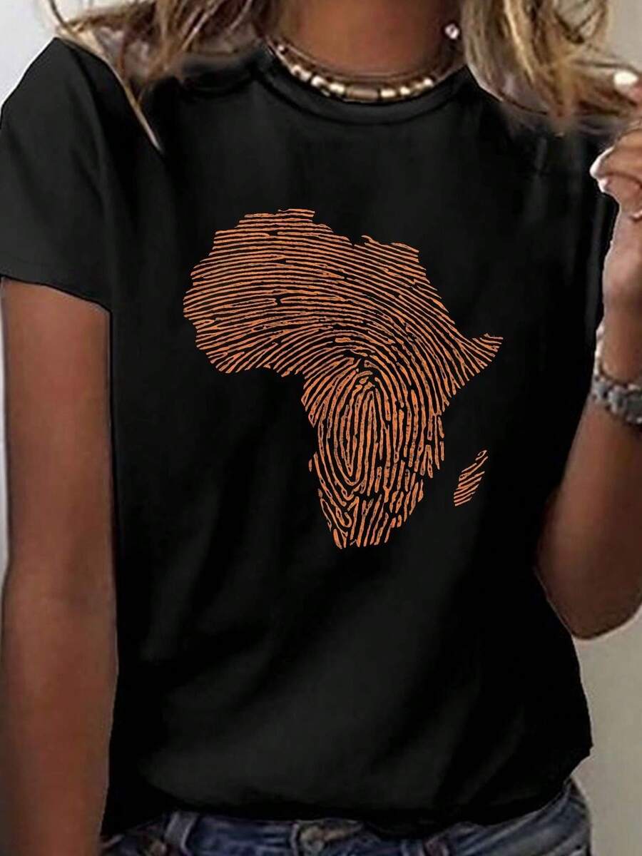 Women's T-Shirts, Women's T-Shirts, African Continent Fingerprint Print T-Shirt, Casual Short Sleeve Round Neck Top, Women's Clothing For Spring And Summer. - 1件黑色隨機圖案 - 查看 1