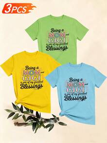Women's T-Shirts, Women's T-Shirts, Casual Short Sleeve One Piece T-Shirt With "Mom" Blessing Print, Comfortable Top. - 1件白色隨機圖案 - 查看 6