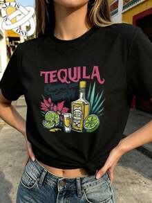 ALL IS ONE Pure Cotton Women's Loose Fit T-Shirt With Fresh Strawberry Basket Print, Youthful Casual Style, Short Sleeve - 黑色 - 查看 6