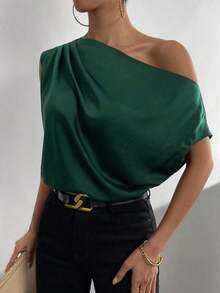Blusa de satén con cuello asimétrico y hombro descubierto - Verde Oscuro - Ver 7