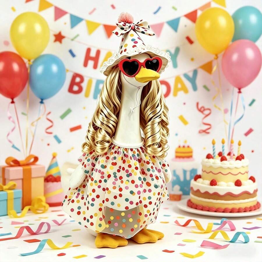 ポーチガチョウの誕生日衣装 クリエイティブなガチョウの像バルーンプリントスカート、サングラス、ウィッグハット付き、屋外ガーデンヤード用 - ピンク - チェックする 1