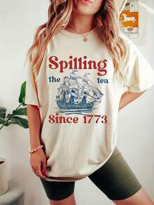 Funny T-Shirt With The Phrase "I Have Loved Spoilers Since 1773" - Humorous British Style Theme, Patriotic Outfit For Independence Day, Casual Crew Neck Style Suitable For Independence Day Parties And Daily Wear, Playful Style. - 杏色 - 查看 7
