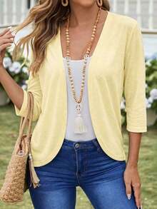 Chaqueta ligera de mujer de unicolor con abertura frontal y manga 3/4 casual - Amarillo claro - Ver 1