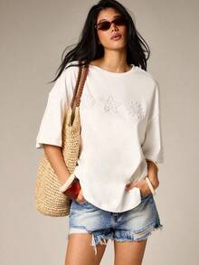 Blusa casual con cuello redondo de manga corta, con tema de océano, con conchas marinas, cuentas y strass para mujer - Blanco - Ver 8