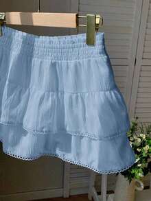 Falda pantalón para mujeres para conciertos campestres, blanca, de tejido, con cintura elástica y volantes en el bajo con silueta evasé - Celeste - Ver 7