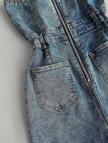 Mono vaquero de verano con cuello halter anudado, decoración de anillo redondo, para uso casual y de oficina - Azul - Ver 4