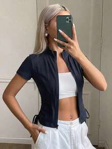 Chaqueta casual deportiva de manga larga y ajuste ceñido para mujer, estilo callejero, chaqueta ligera de verano - Negro 2 - Ver 3