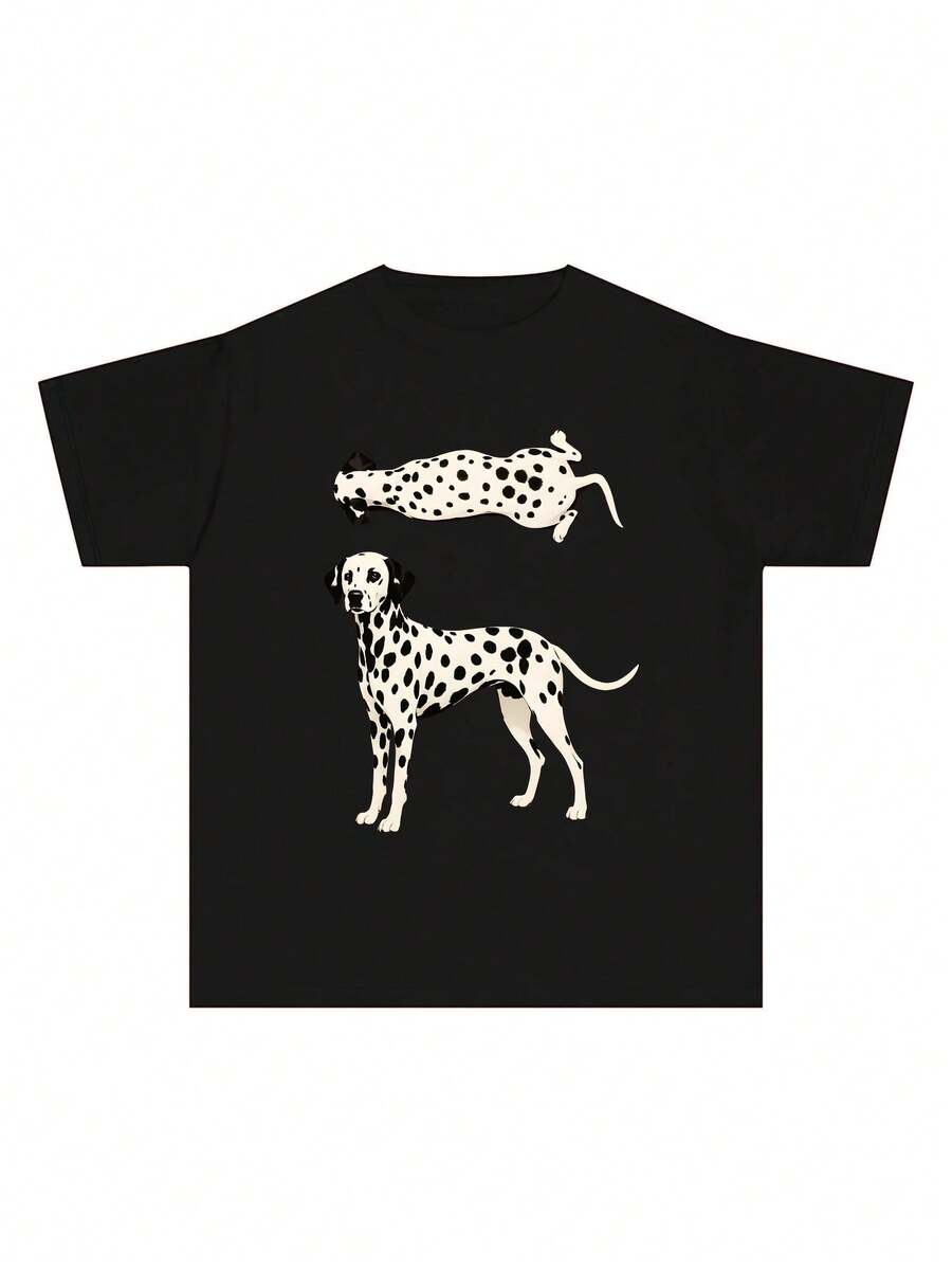 Women's Summer T-Shirt, Y2K Style, Round Neck, With A Fun And Dalmatian Dog Print, Ideal For A Casual And Fashionable Look - 黑色 - 查看 1