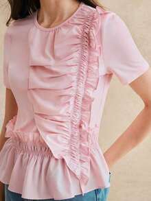 Blusa de verano con diseño de volantes de manga corta para mujer, color rosa, adecuada para ir a trabajar, salidas, citas, el Día de San Valentín y uso diario - Rosa Pálido - Ver 1