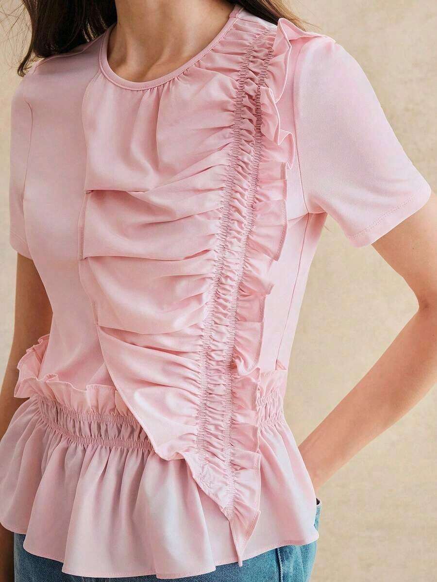 Blusa de verano con diseño de volantes de manga corta para mujer, color rosa, adecuada para ir a trabajar, salidas, citas, el Día de San Valentín y uso diario - Rosa Pálido - Ver 1