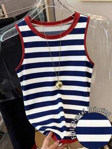 Camiseta de tirantes casual y versátil con cuello redondo y ribete acanalado a rayas para mujer - Multicolor 2 - Ver 5