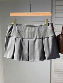 Falda plisada con detalle de cintura ancha y pliegues para el verano - Gris Oscuro - Ver 4
