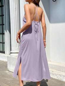 Vestido casual de vacaciones con cuello halter, envolvente y lazo en la espalda - Morado - Ver 2