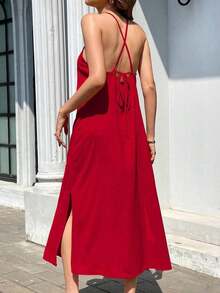 Vestido casual de vacaciones de corte moderno, de cuello halter, cruzado y con nudo en la espalda - Rojo - Ver 2