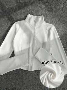 Chaqueta delgada de terciopelo negro para mujer, chaqueta de manga larga con cierre de cremallera de estilo casual y ajuste ceñido para el otoño - Blanco 2 - Ver 1