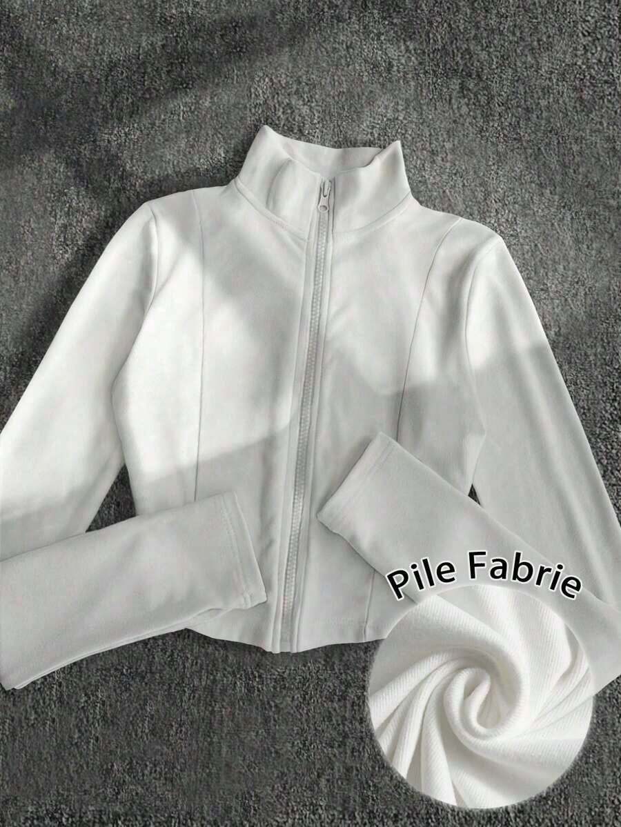 Chaqueta delgada de terciopelo negro para mujer, chaqueta de manga larga con cierre de cremallera de estilo casual y ajuste ceñido para el otoño - Blanco 2 - Ver 1